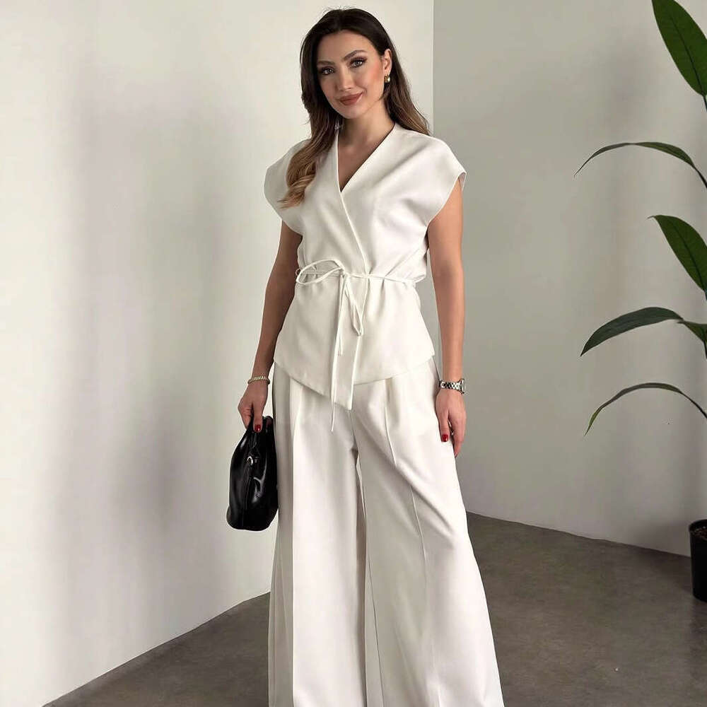 TRAFZA Spring Summer New Style Women's Fashionable Casual Sleeveless Double-Breasted Vest And Pleated Pants Set B5