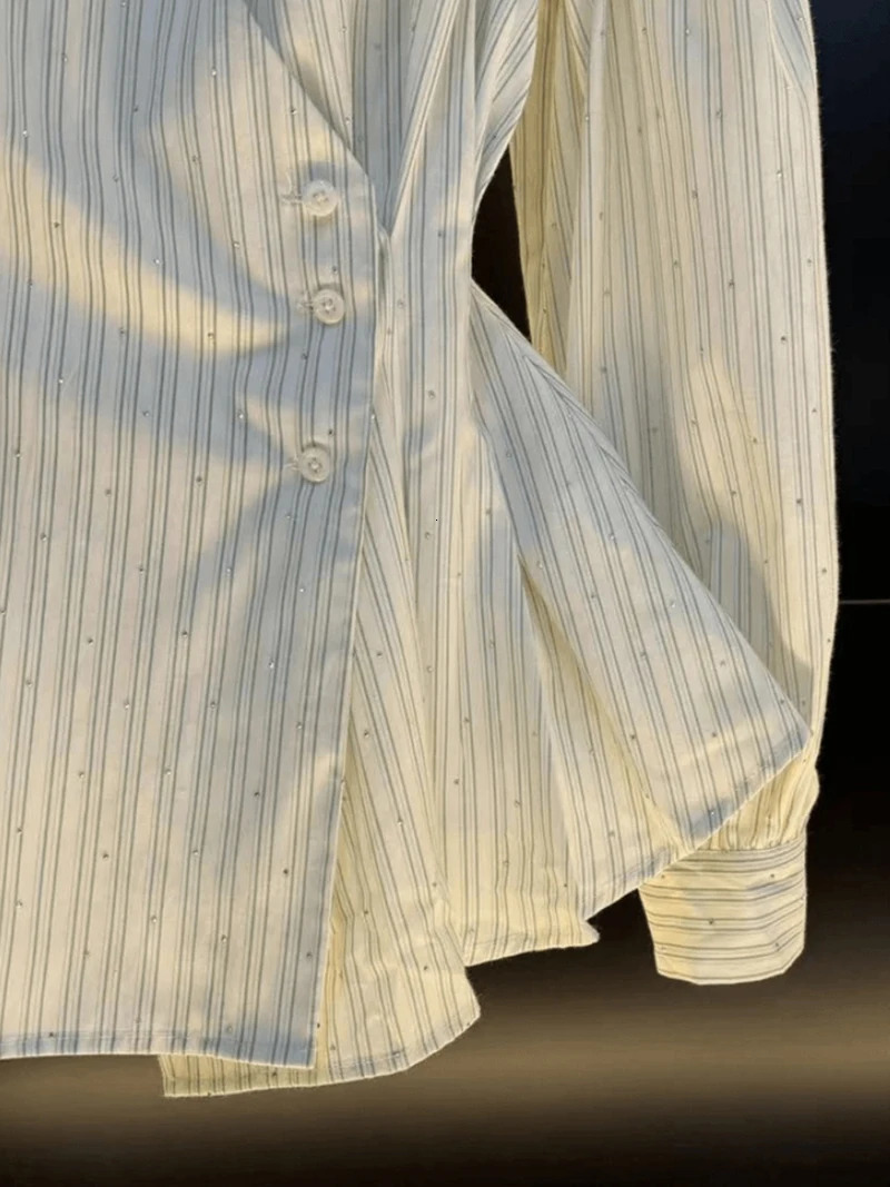 French Striped Long Sleeved Shirt Women Autumn 2025 Elegant Turndown Collar Waist Cinched Top Temperament Dress Hemline Blouse 250714