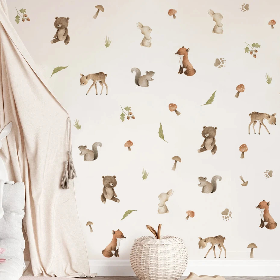 Watercolor Woodland Animals Bear Deer Leaf Wall Stickers for Kids Room Bedroom Living Room Home Decoration Wall Decals Murals 250715