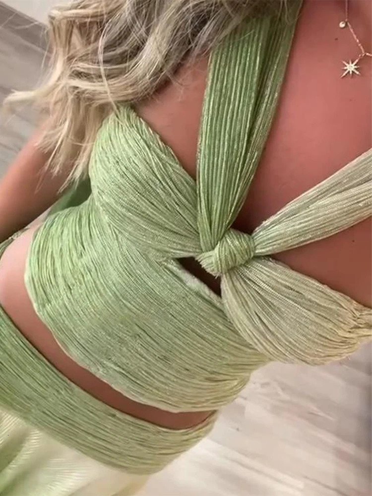 Sexy Top Skirt Womens Set Lace Up Halter Sleeveless Crop Top Floor-length Skirt Female Sets Summer Chic Beach Lady Suit 250715