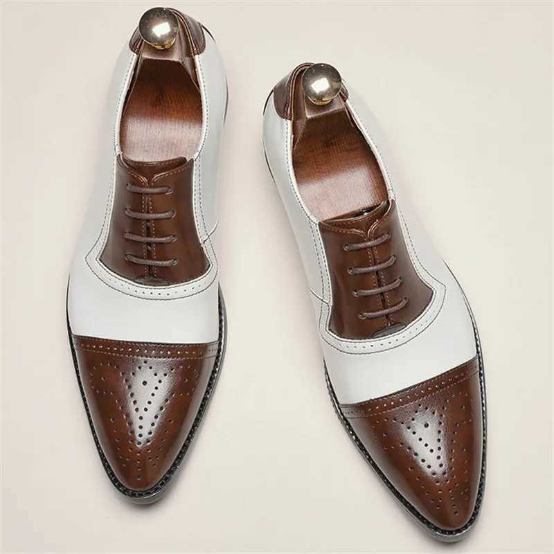 New Mens Pointed White Black Brown Mixed Brogues Leather Shoes Italian Gentleman Wedding Dress Formal Party Business Footwear Y250715