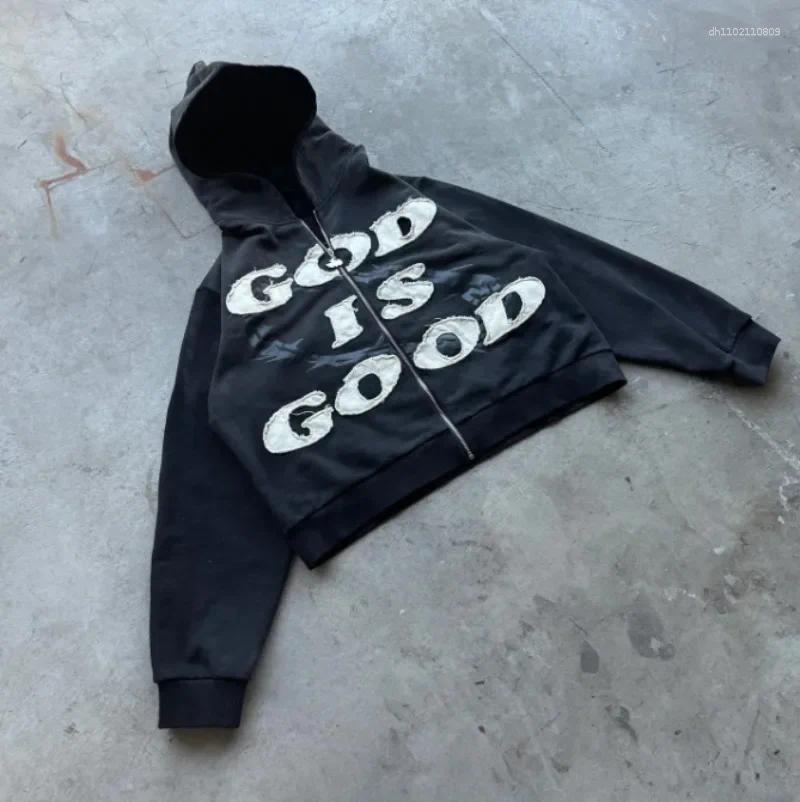 Men's Hoodies American Trend Retro God Is Good Casual Street Wear Zip-up Hoodie And Women's Harajuku Hip-hop Gothic