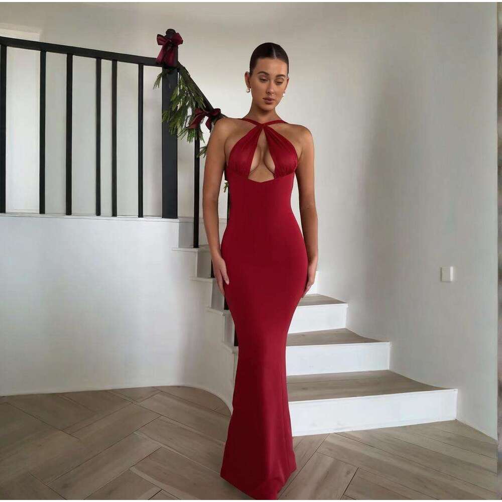 Summer New Women's Sexy Solid Color Off-Shoulder Waist-Cinching Elegant Fashion Dress B5