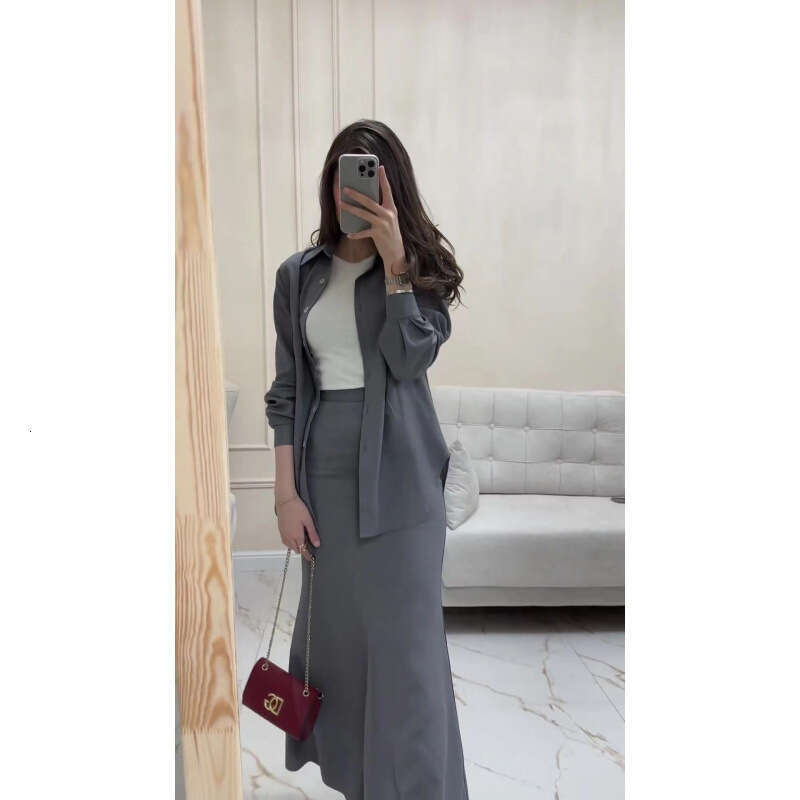 Comfortable Casual Loose Sleeve Shirt Elastic Waist Long Skirt Two-Piece For Women Solid Color Summer New Thin Set B5