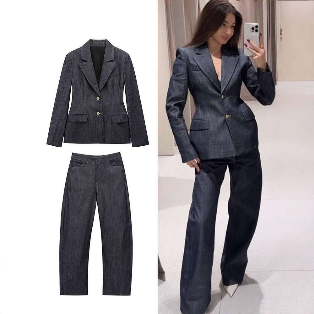 TRAFZA Women's New Denim Blazer Short Skirt Hem Bustier Long Pants Set B5