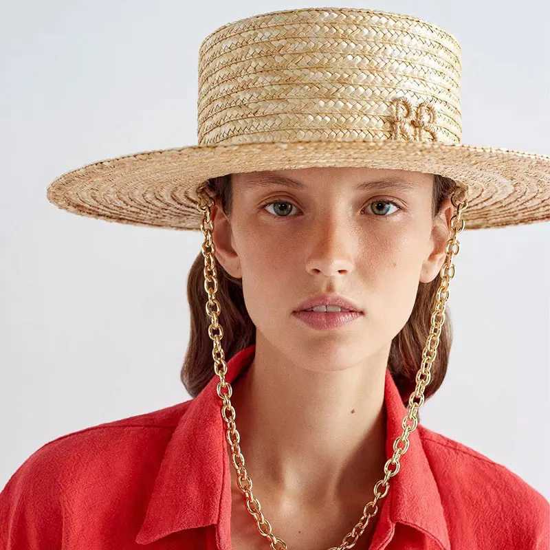 2025 New European American Fashion Design Natural Straw Hat Female Handmade Letter Sun Hat Metal Chain Sunshade Designer Hat W250715