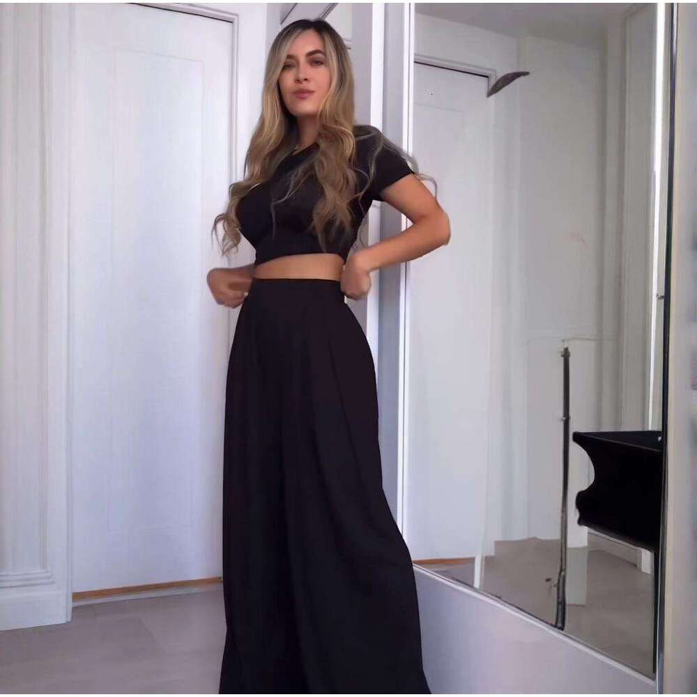Summer Women's Round Neck Solid Color Sexy Wide Leg Pants Fashion Casual Set For Women B5