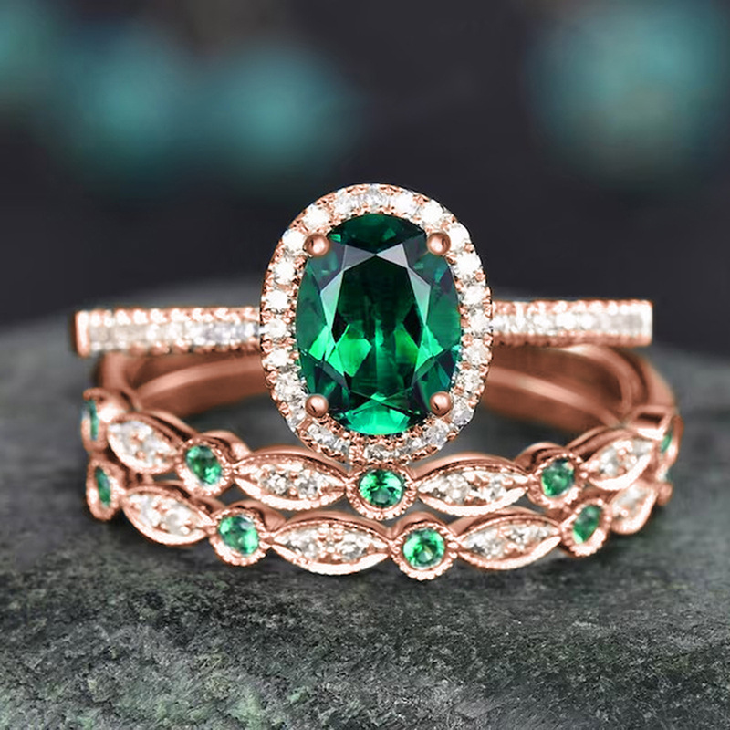 2025 Choucong 3pcs Ins Top Sell Elegant Vintage Jewelry 10KT White Rose Gold Fill Oval Cut Emerald CZ Diamond Party Promise Gorgeous Women Bridal Ring