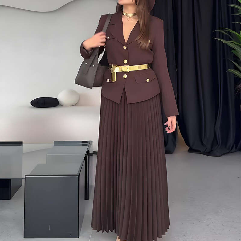 Women's Clothing Autumn New Button Blazer Pleated Skirt Elegant Set For Women B5