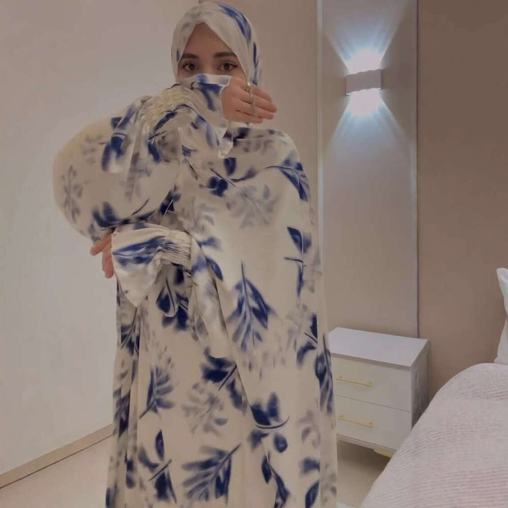 Summer Women's Long Sleeve Printed Robe Waist-Cinching Elegant Fashion Dress B5