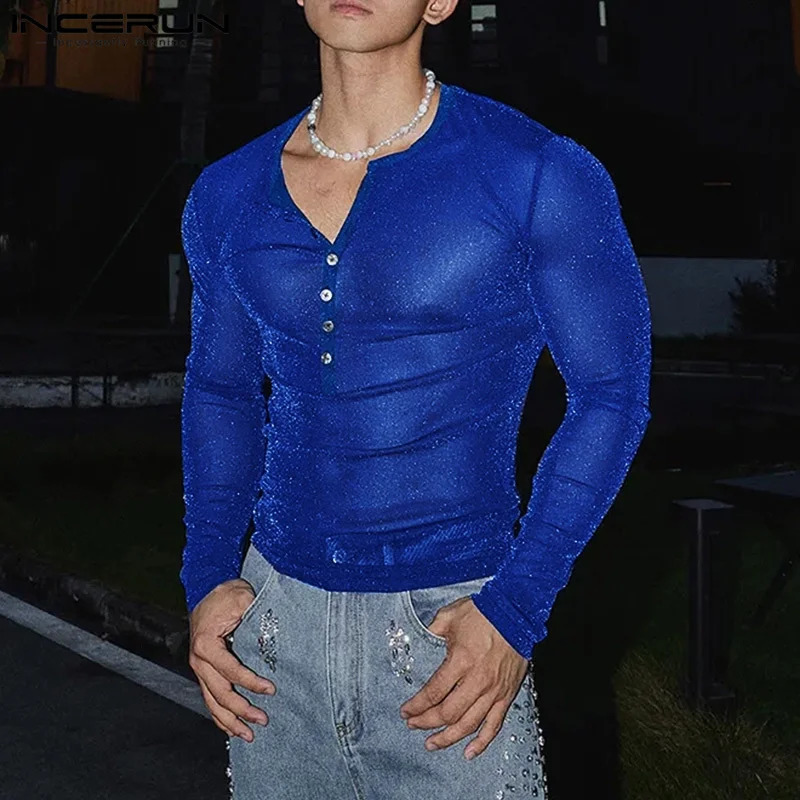 Fashion Well Fitting Tops INCERUN Men Sparkling Fabric T-shirts Male Personality Clubwear Selling Thin Long Sleeved Camiseta 250714