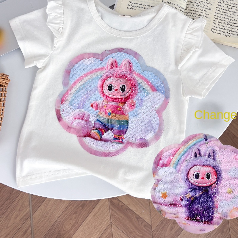LABUBU children's clothing designer short-sleeved T-shirt color-changing sequin children's clothing casual T-shirt printed design clothing s