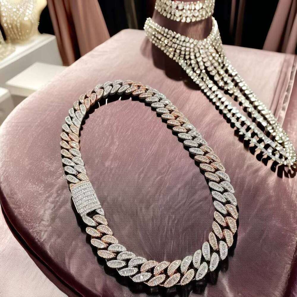 Top jewelry necklace20 MM Iced Out Moissanite Baguette & Round Dia Studded Link Hip Hop Style Miami Cuban Chain for Men Women Gift Idea