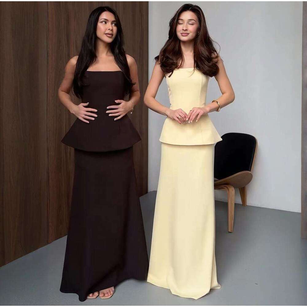 Spring New Women's Strapless Solid Color Skirt Elegant Fashion Set B5