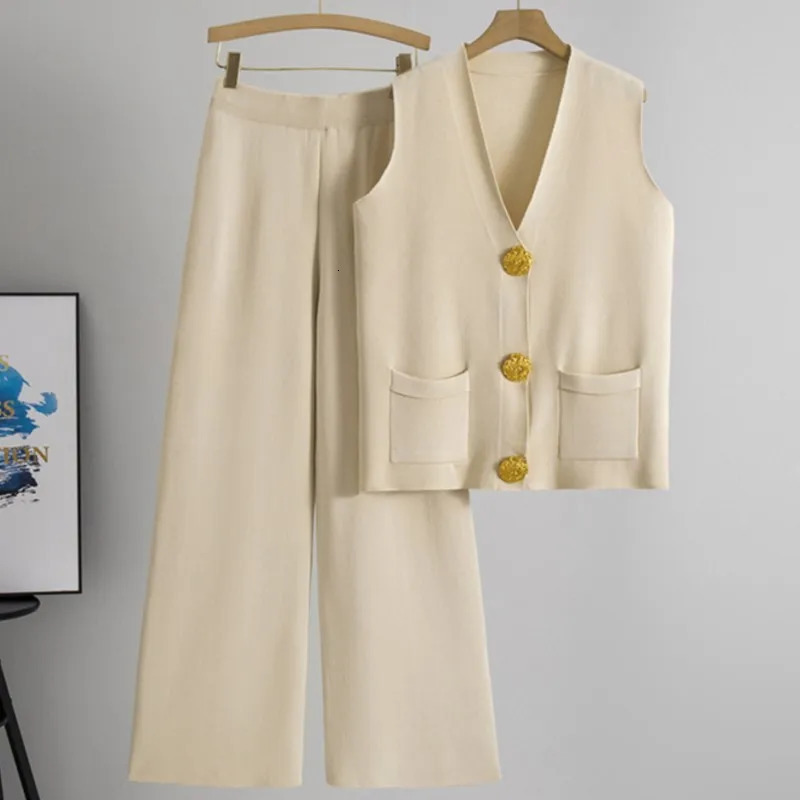 Fashion Large Gold Button Vest Knitted Suit V Neck Single Breasted colorful Knit Top Wide Leg Pants 2 Piece Set Women Outfit 250714