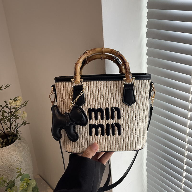Designer Handbag for Women High-End New Trendy Bucket Straw Woven Bamboo Tote Beach Shoulder Light Luxury Women's Bag