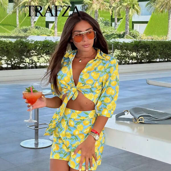 TRAFZA Women's Spring And Autumn Fashion Casual Versatile Trendy Sun Protection Printed Shirt Set B5