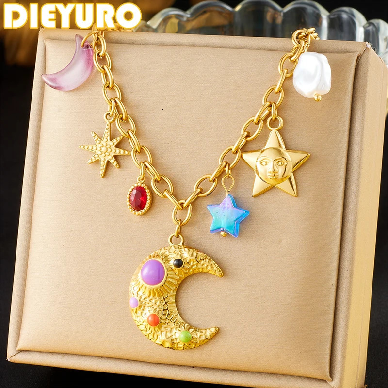 DIEYURO 316L Stainless Steel Colorful Enamel Moon Stars Multi Pendant Necklace Lady Fashion Neck Chain Waterproof Jewelry Gif 250711