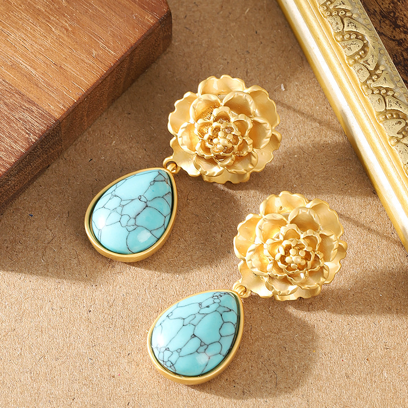 Sier Needle Personality Vintage Blue Turquoise Pendant Earrings for Women Elegant High-end Feel Annual Meeting Banquet Ear Jewelry