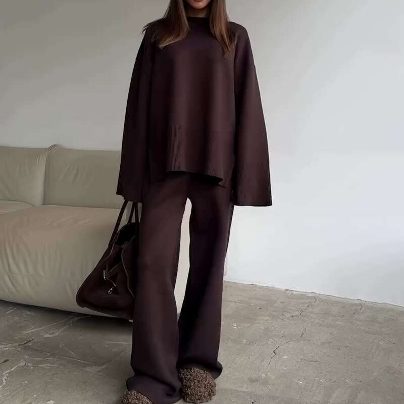 Women's Clothing Spring New Solid Color Round Neck Fashion Casual Wide Leg Pants Sweater Set For Women B5