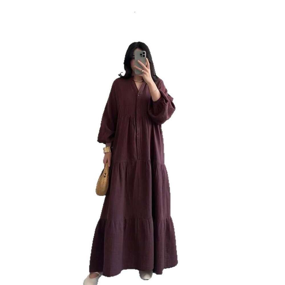 Summer New V-Neck Button Lantern Sleeve Solid Color Women's Sexy Slim Dress B5
