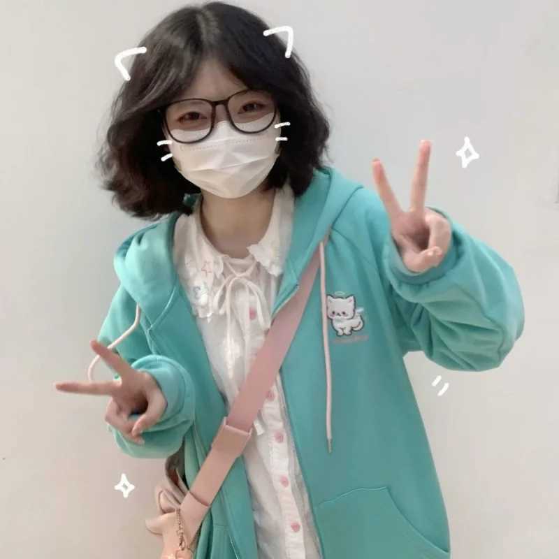 Lake Grn Embroidery Cat Zipper Coats Women Loose Sweatshirts Japanese Long Slve Cute Swt Ear Hooded Sudaderas Y2k Harajuku X2507151