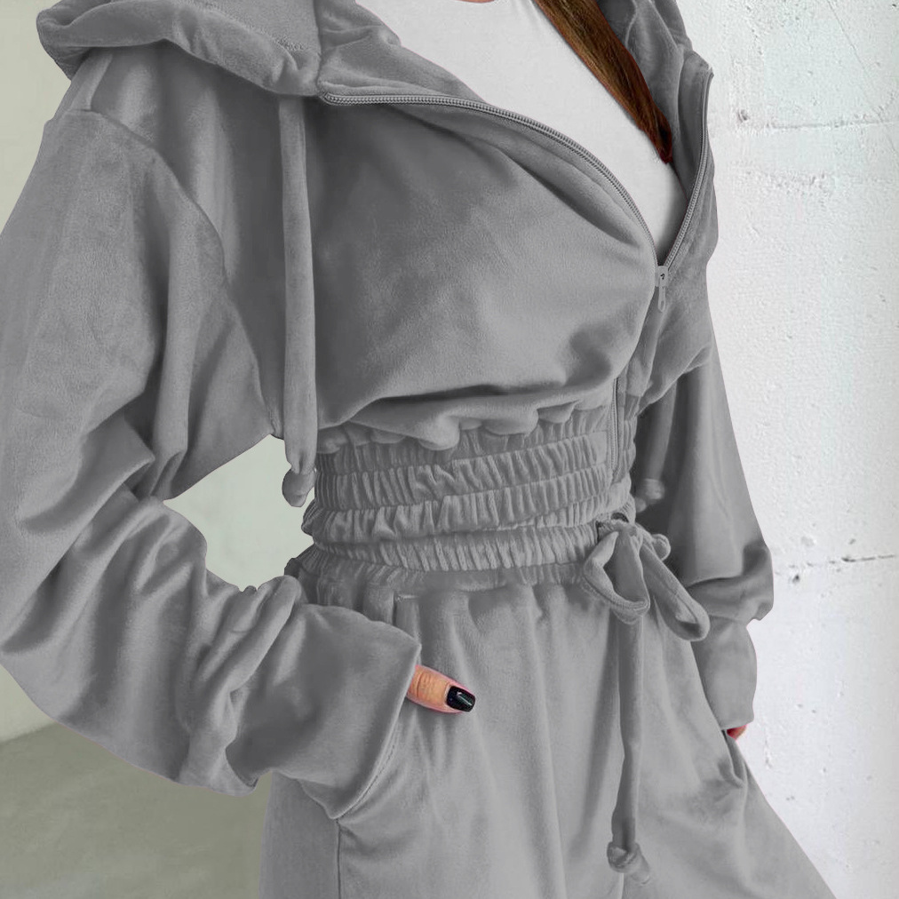 Free shipping designer for women Solid color hooded casual zipper sports suit suede jacket long pants two piece set