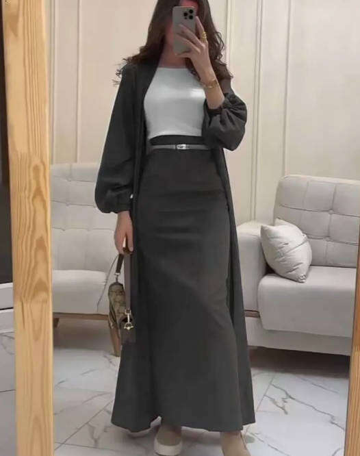 Women's Satin Puff Sleeve Dubai Elegant Cardigan Robe Tie Half Two-Piece Set B5