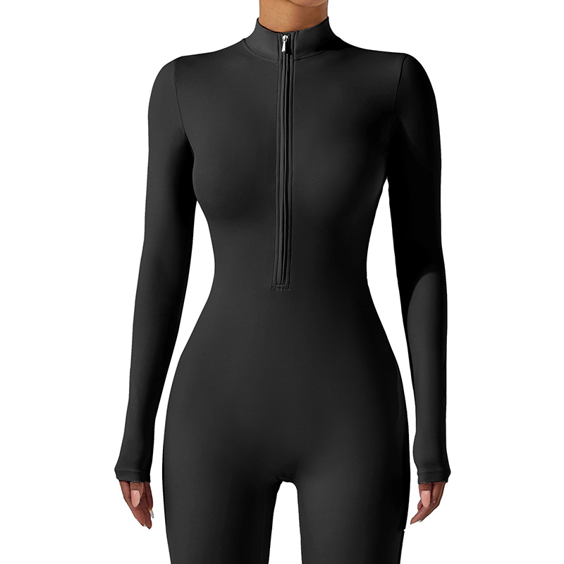 European & American Style Naked-Feel Half-Zip Long One-Piece Yoga Bodysuit for Women, Slim-Fitting, Butt-Lifting, Tight-Fitting Full-Length Sports & F