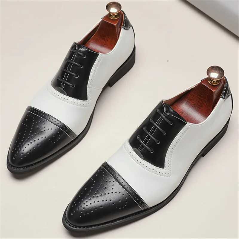 New Mens Pointed White Black Brown Mixed Brogues Leather Shoes Italian Gentleman Wedding Dress Formal Party Business Footwear Y250715