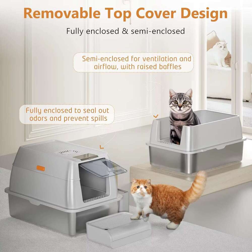 2025 Hot Sale Large Capacity Pet Toilet Splash-proof Fully Enclosed Stainless Steel Cat Litter Box