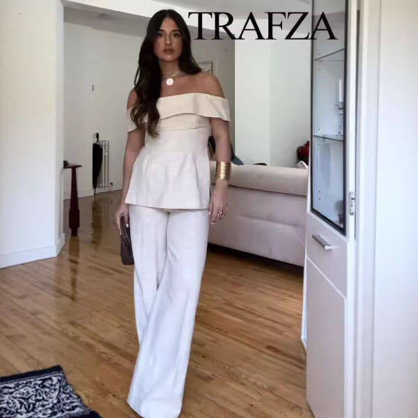 TRAFZA Women's INS Side Slit Off-Shoulder Top And Long Pants Set B5