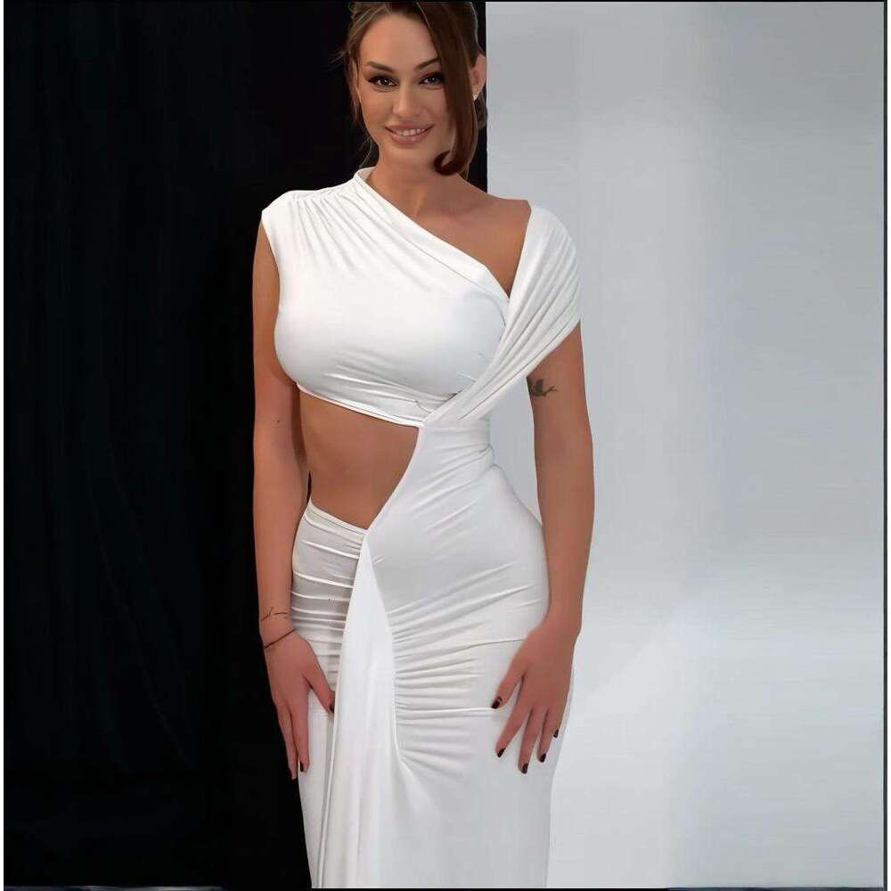 Women's Clothing Summer New Style Asymmetrical Neck Hollow Out Solid Color Sleeveless Sexy Slim Dress For Women B5