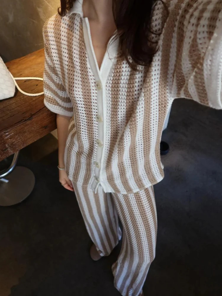 Womens Fashion Knitted Striped Pants Set Casual Lapel Short Sleeve Single Breasted Shirt Wide Leg Trouser Lady Chic Outfit 250714