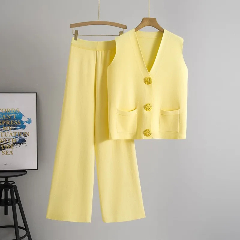Fashion Large Gold Button Vest Knitted Suit V Neck Single Breasted colorful Knit Top Wide Leg Pants 2 Piece Set Women Outfit 250714