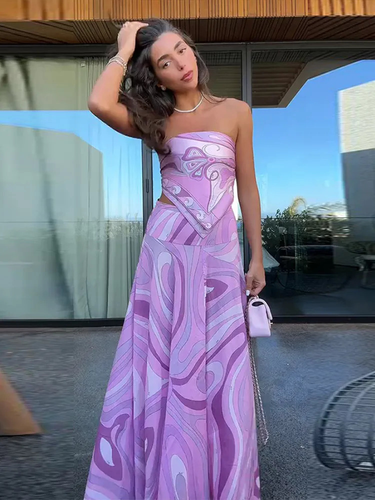 Sexy Printed Tube Top Long Skirt Set Women Casual Backless Lace Up Tops Loose Skirts Sets Female Summer Chic Street Holiday 250715