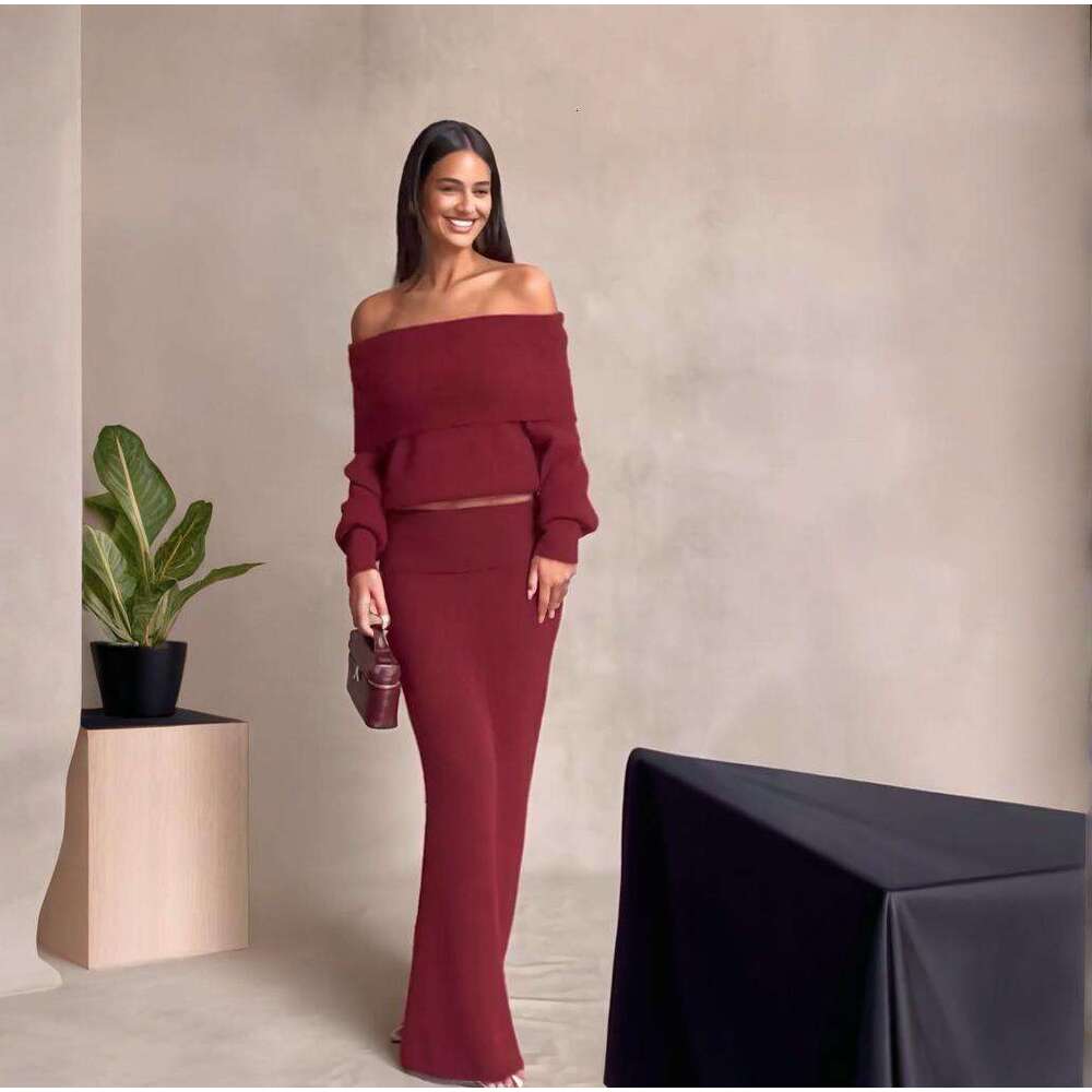 Women's Fashion Autumn New Strapless Sexy Off-Shoulder Midi Dress Elegant Set For Women B5