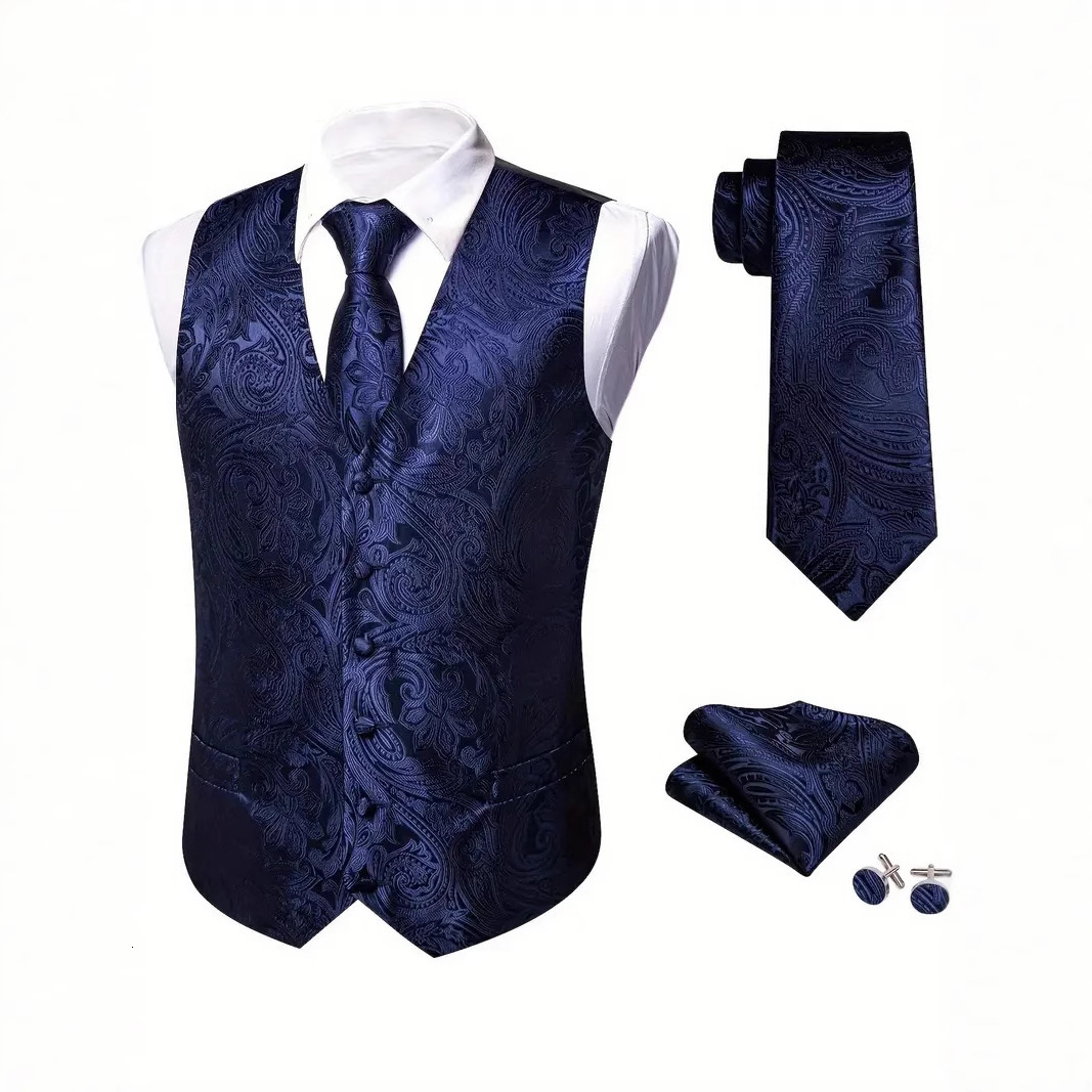 Golden black silk mens vest tie pocket square cufflinks set jacquard waistcoat sleeveless jacket mens wedding business Barry. King 240814