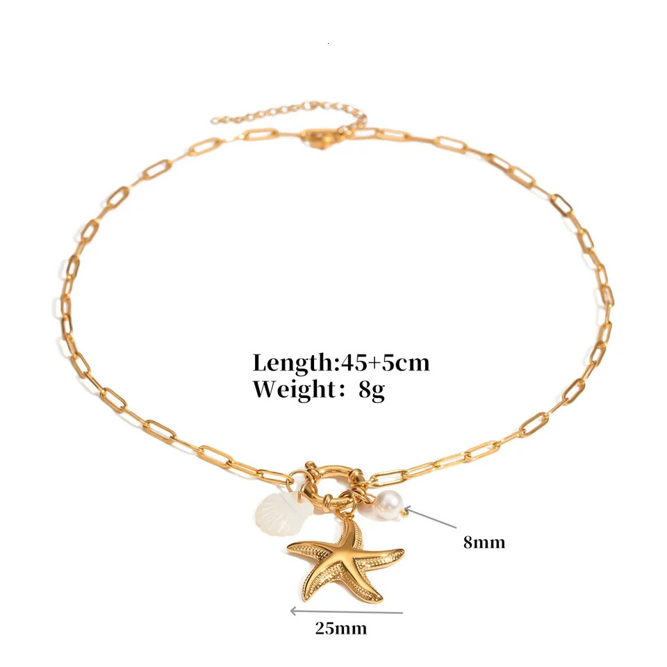 HangZhi Fashionable Beach Starfish Conch Pearl Shell Necklace Stainless Steel Pendant Charms Summer Jewelry for Women 250711