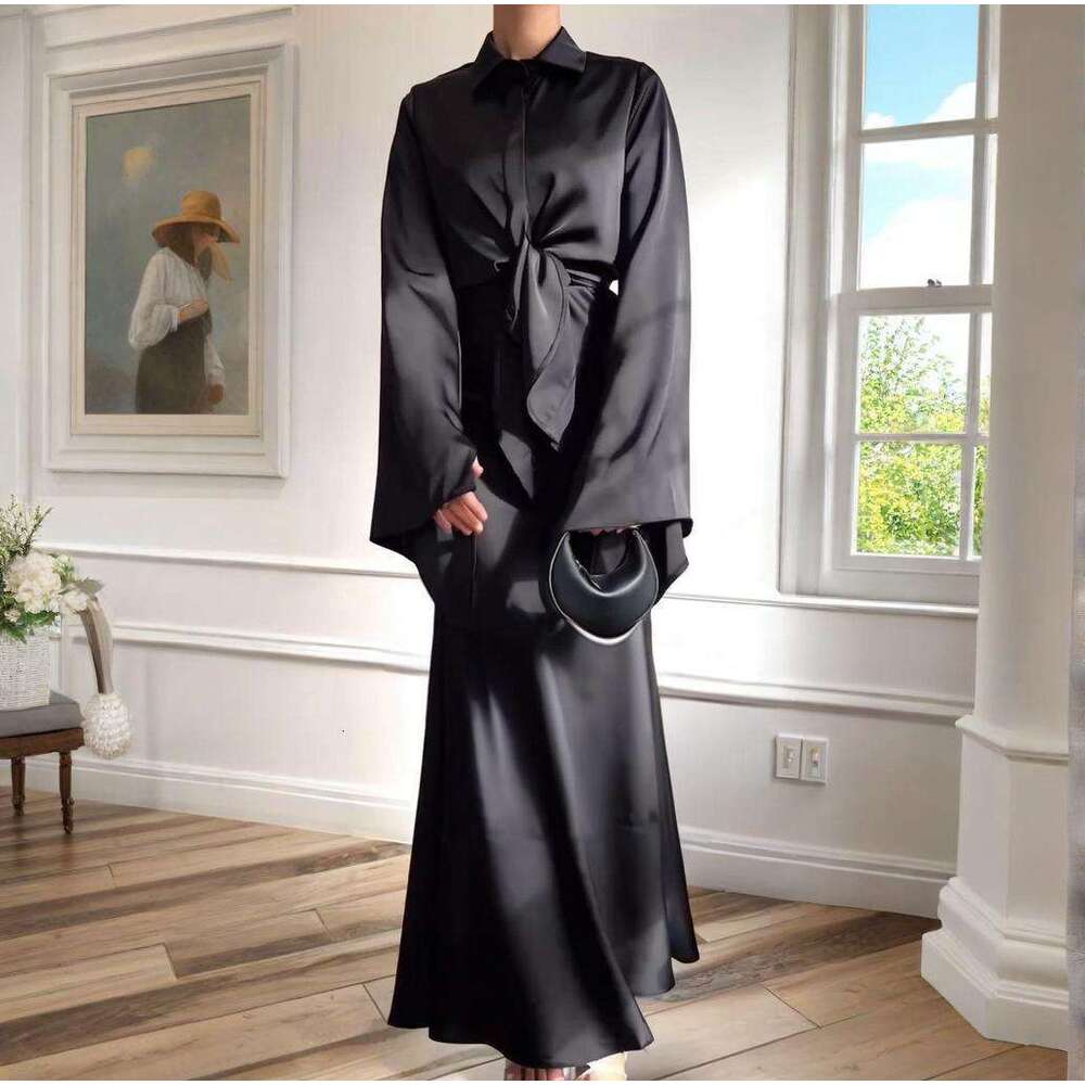 Spring New Women's Solid Color Long Sleeve Jacket Waist-Cinching Half Dress Set For Women B5
