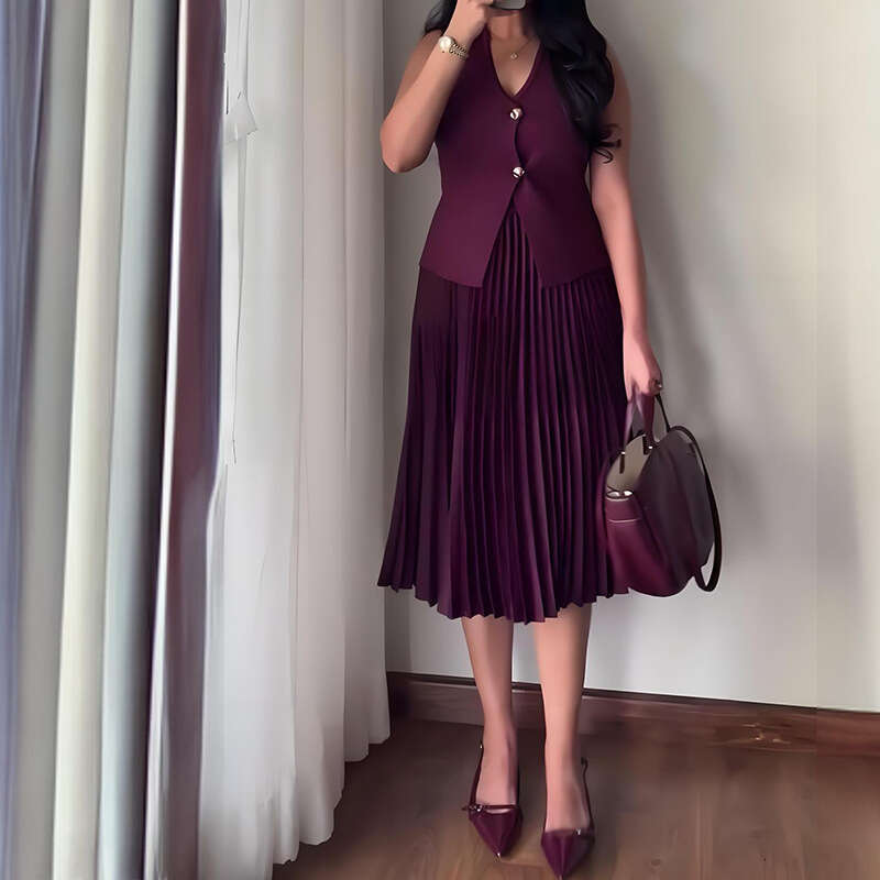 Women's Clothing Spring New Sleeveless V-Neck Vest Pleated Skirt Elegant Fashion Set For Women B5