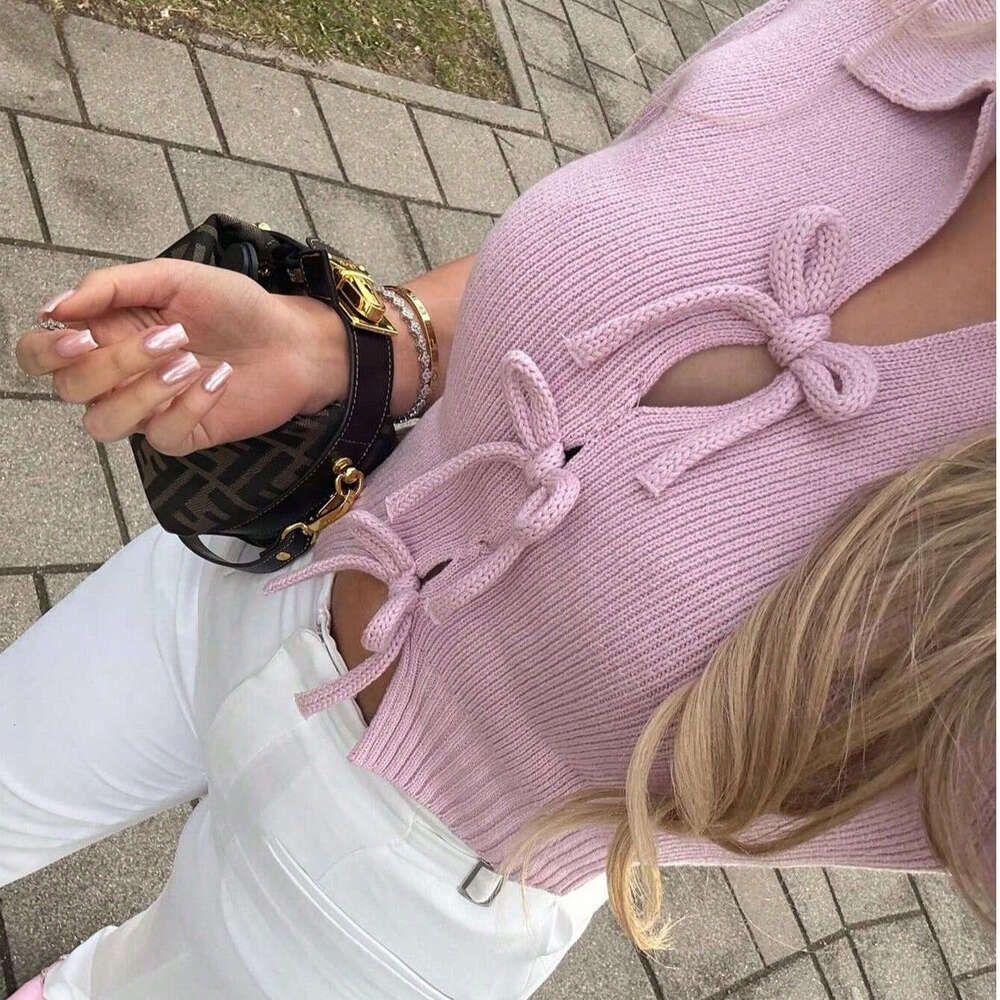 TRAFZA Style Spring And Autumn New Women's Classic Fashion Bowknot Decorated Knitted Top B5