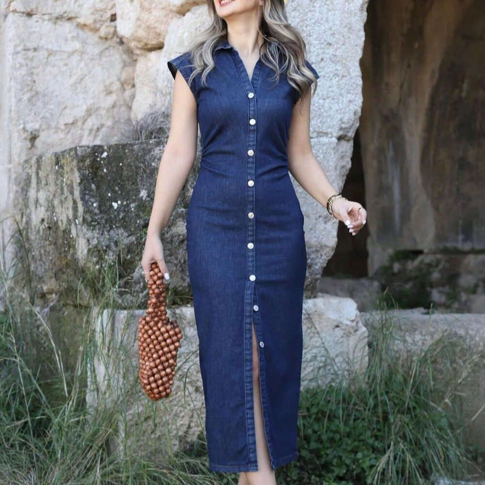 TRAFZA Spring/Summer New Women's Denim Midi Dress B5