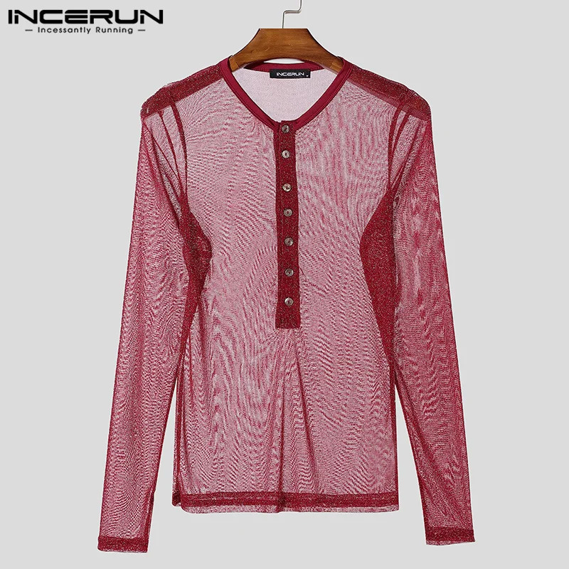 Fashion Well Fitting Tops INCERUN Men Sparkling Fabric T-shirts Male Personality Clubwear Selling Thin Long Sleeved Camiseta 250714