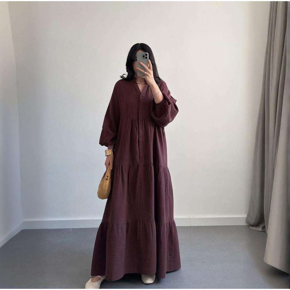 Summer New V-Neck Button Lantern Sleeve Solid Color Women's Sexy Slim Dress B5