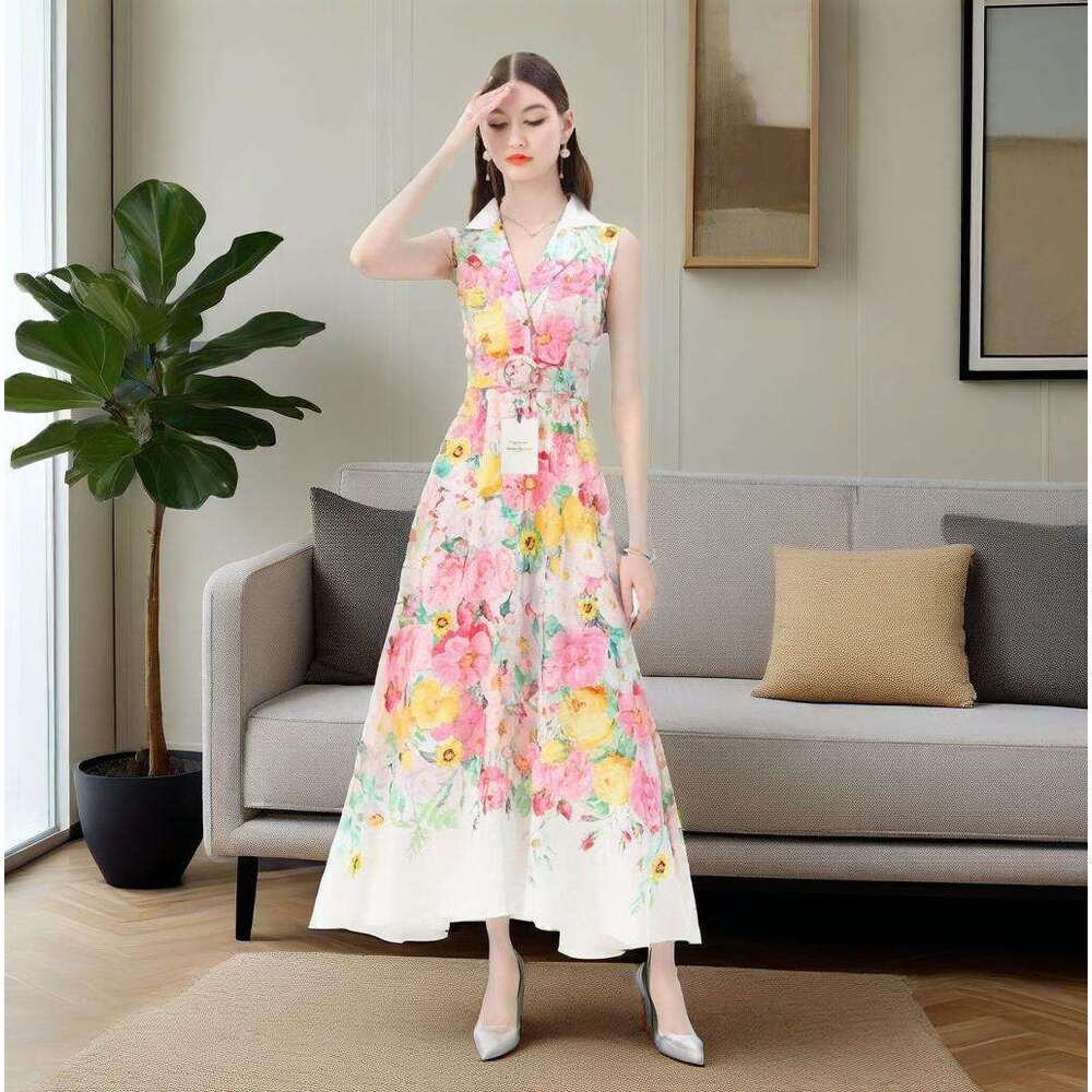 Women's Vacation Style Suit Collar Sleeveless Slim Lace Floral Print Long Dress B5