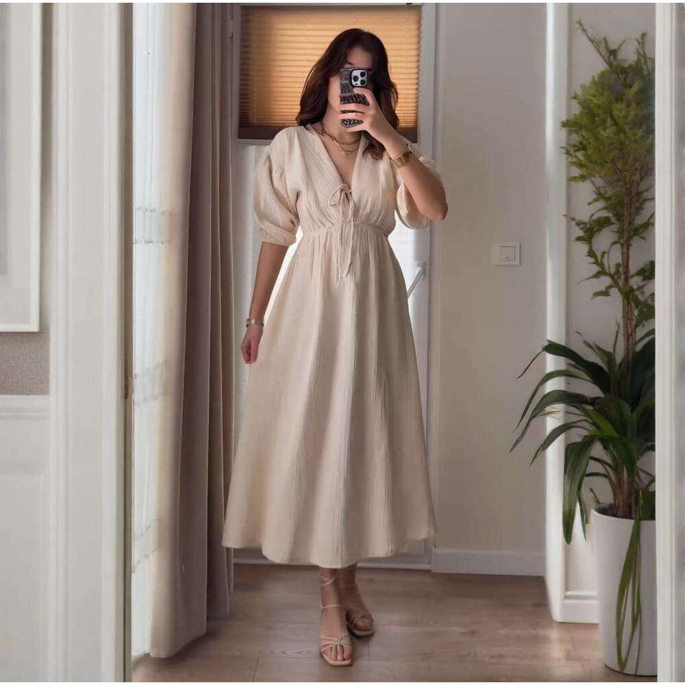 Summer New V-Neck Women's Sexy Puff Sleeve Slim French Mid-Length Dress B5