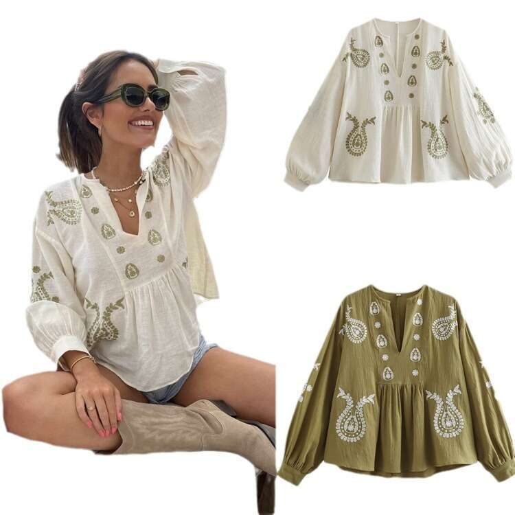 Trafzay2k Summer Women's New Loose Cotton Embroidered Shirt Top B5