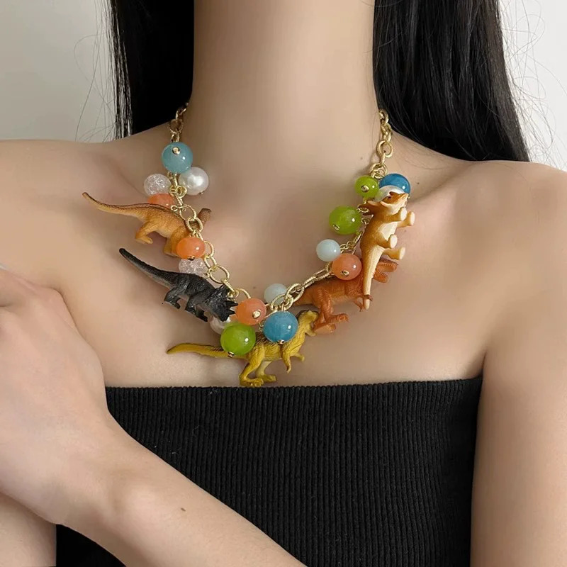 Exaggerated Three-Dimensional Color Dinosaur Pendant Necklace for Men Women Sweet Cool Fashion Trend Beaded Necklace 250711