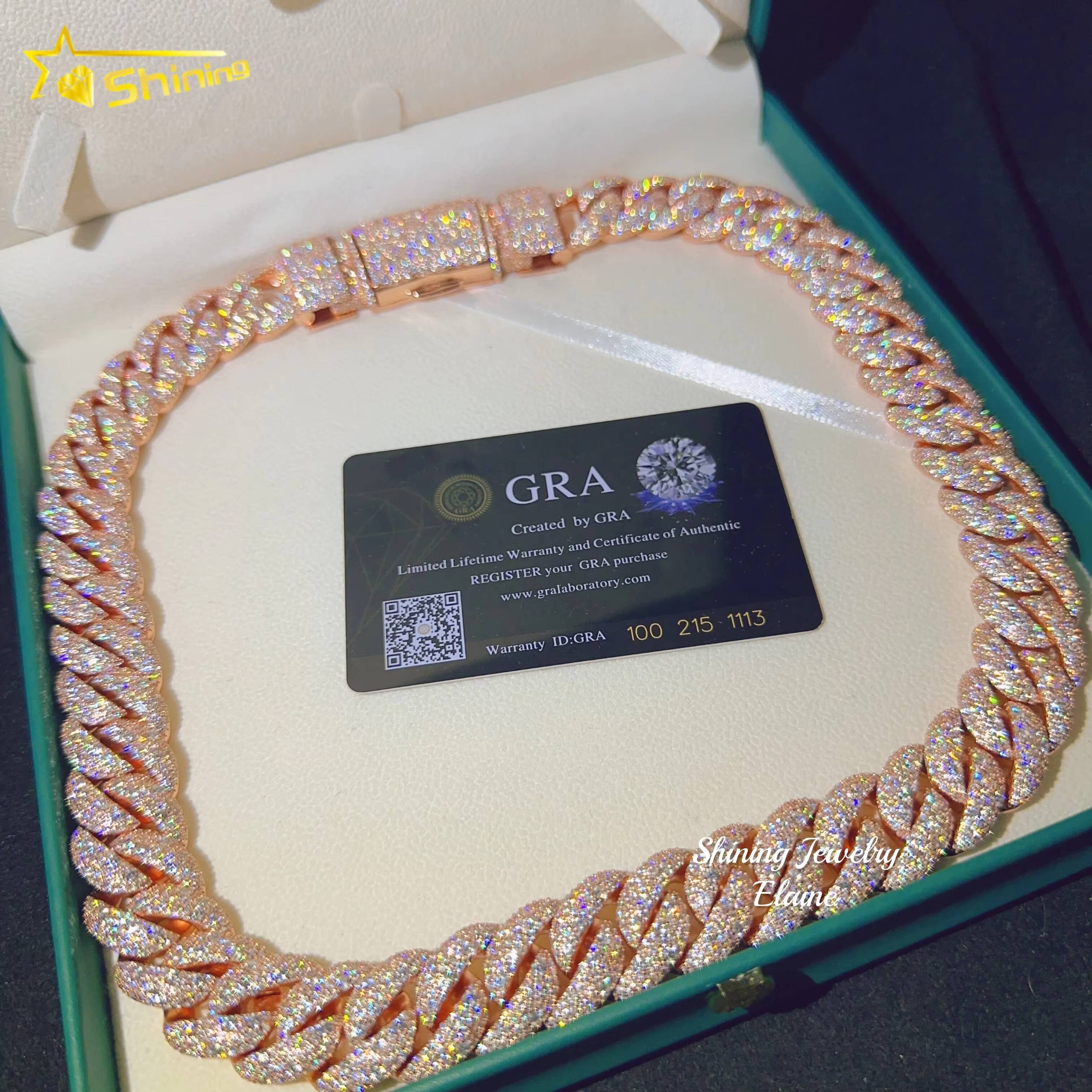 Pass Diamond Tester Vvs Moissanite Diamond 18MM Chain 925 Sterling Silver Iced Out Rose Gold Plated Cuban Link Chain